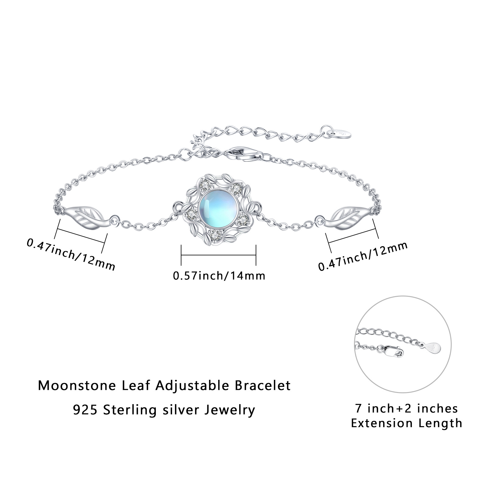 Moonstone 925 Sterling Silver Leaf Bracelet for Women